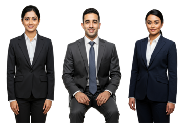 Diverse group of three smiling business professionals, two women and one man, wearing suits against a transparent background, representing teamwork and success