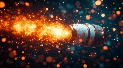 Spacecraft Ignition: A sleek white spaceship ignites its engines, unleashing a fiery trail of blazing plasma against a cosmic backdrop of shimmering stars.