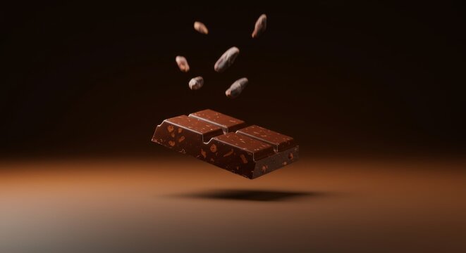 Dynamic chocolate bar and cocoa beans floating in a dark gradient background