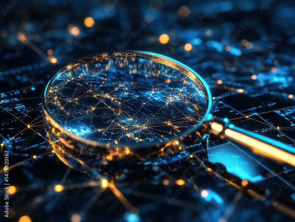 Aufkleber Magnifying Glass Reveals Digital Network Connections Closeup Abstract Futuristic Technology Innovation Data Analysis Research