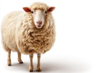 Frontal Studio Shot of a Sheep Standing on White Background Looking at the Camera with Soft Lighting