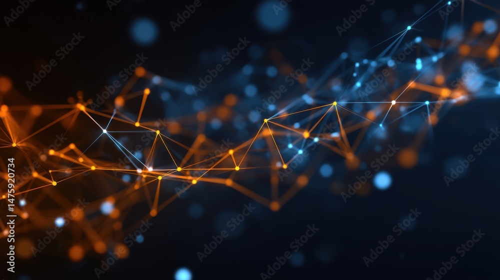 Aufkleber Abstract Network Connection Visualization with Orange and Blue Nodes on Dark Background Close Up Digital Art