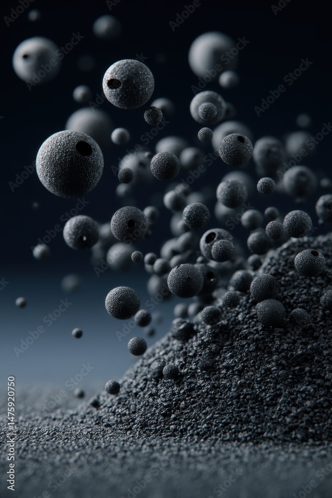 Aufkleber abstract spheres ascending from granular heap studio shot with dark blue gradient background