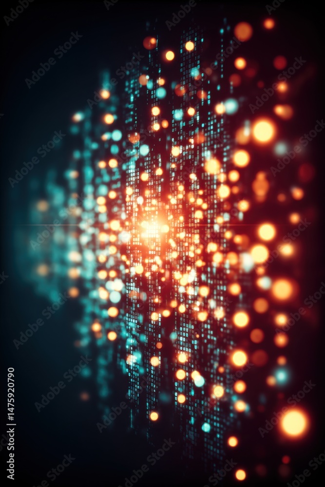 Poster Abstract Digital Grid with Bokeh Lights Glowing in the Dark Background Futuristic Technology Concept