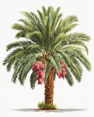 Isolated date palm tree with ripe fruits against white background botanical illustration style close up view