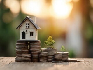 Miniature House on Coin Stacks with Trees Growing from Money Investment Concept Close Up Macro Shot