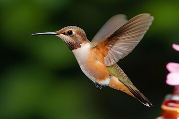 Fototapeta premium Close-up of a hummingbird hovering near pink flowers, with a dark green background and depth of field. generative ai