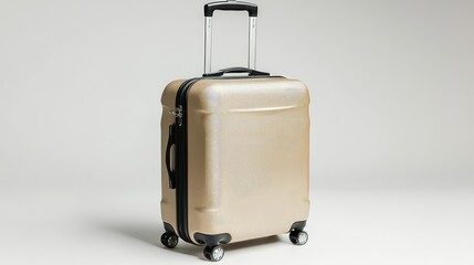 A neutral beige suitcase, with retractable handle and smooth wheels, sitting on a white background, perfect for any modern traveler.