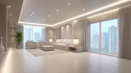 Bright Living Room Interior with City View, Modern Apartment Design, Neutral Color Palette, Daytime, Wide Angle, Home Decor