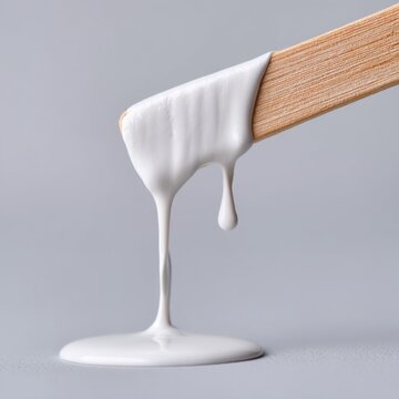 White paint dripping from wooden stick close up studio shot on gray background minimalist style for art concepts