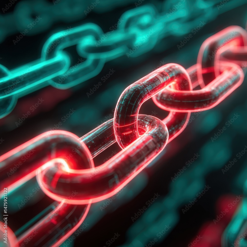 Aufkleber Close up of luminous chain links in red and teal colors representing blockchain technology and digital security