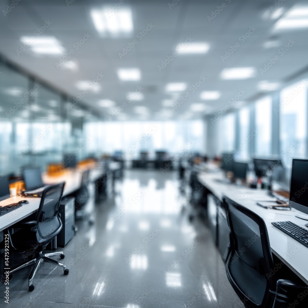 Poster empty office space with desks and chairs in modern corporate building with glass walls and windows