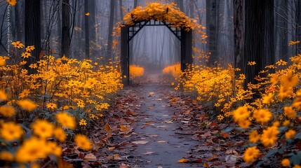 Mystical Autumn Forest Path Leading To Yellow Floral Archway Amidst Misty Foggy Trees
