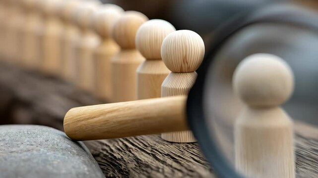 Wooden figurines viewed through a magnifying glass, representing individuality, searching, and analysis on a textured wooden surface.