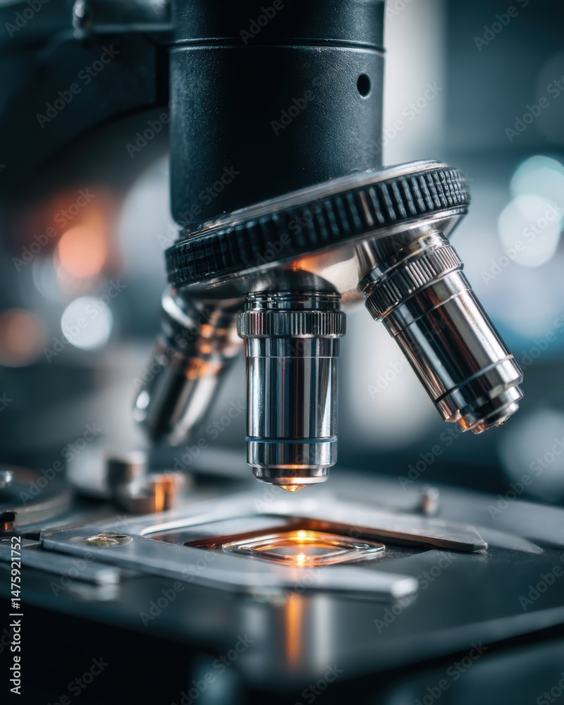 Poster close up of a microscope in a laboratory setting for scientific research and medical advancements wi