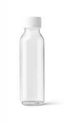 Clear glass bottle with white cap, rectangular shape