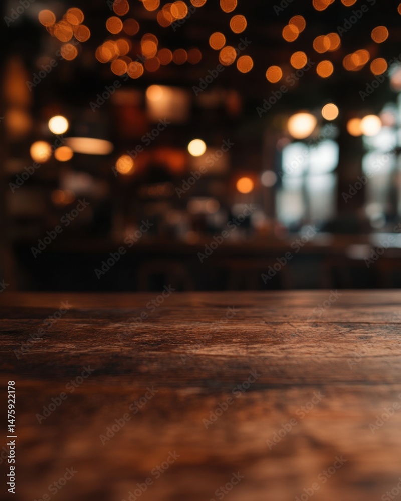Aufkleber rustic wooden table surface with blurred background of restaurant interior and bokeh lights in a war