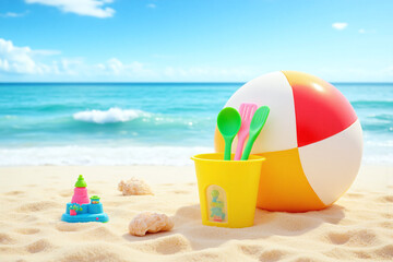 beach ball bucket and shovels on the sand at the beach