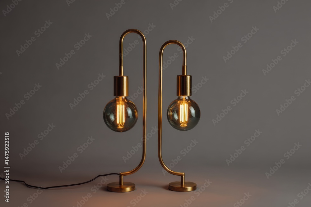 Aufkleber modern gold table lamp with two edison bulbs on gray background studio shot minimalist design