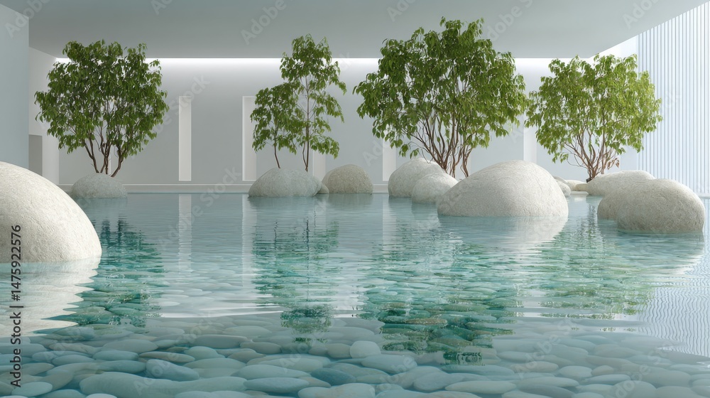 Aufkleber serene indoor pool with trees and stones reflecting in water low angle minimalist spa design
