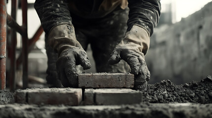 Construction Worker Laying Bricks
