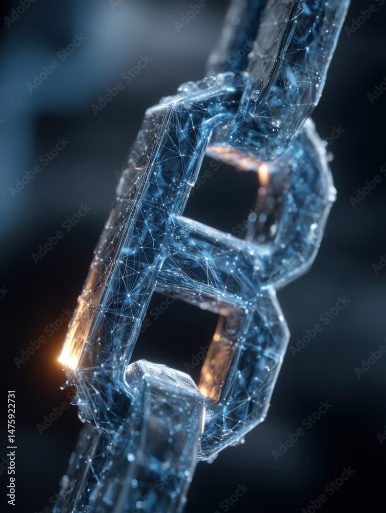 Poster Digital blockchain concept with interconnected nodes and futuristic chain link design, macro shot, dark background, technology illustration