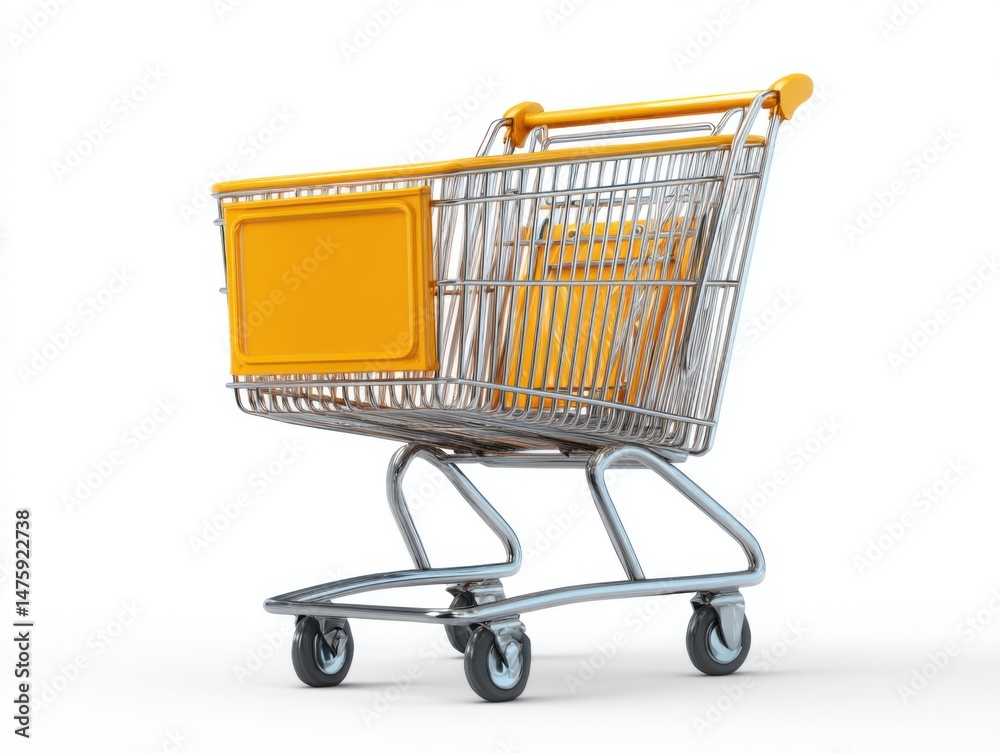 Poster isolated shopping cart on white background studio shot angled view depicting retail purchase and con