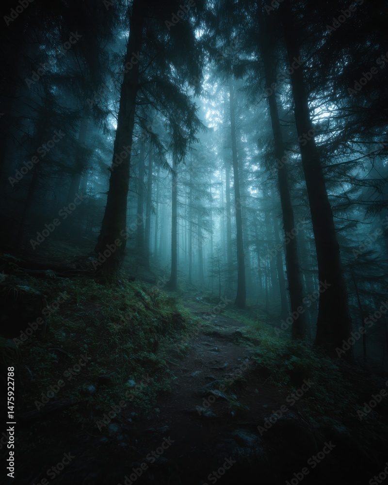 Aufkleber Moody forest path landscape view through tall pine trees with fog and mist in a dark and atmospheric scene