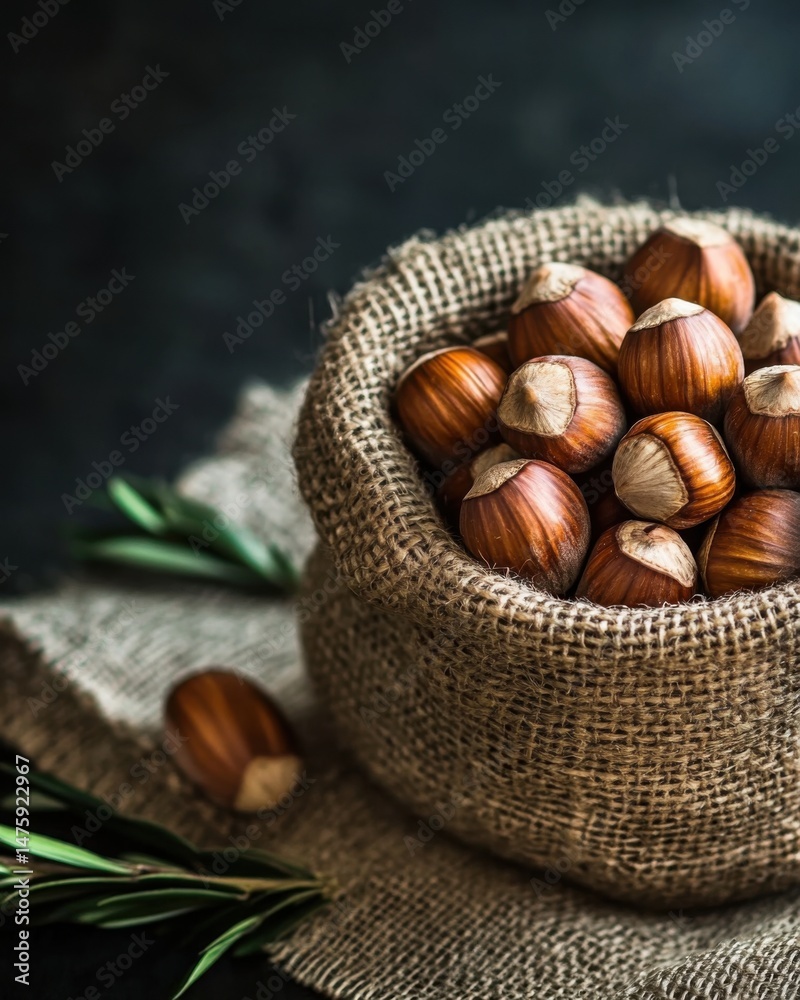 Poster hazelnuts overflowing from rustic burlap sack on dark background close up still life food photograph