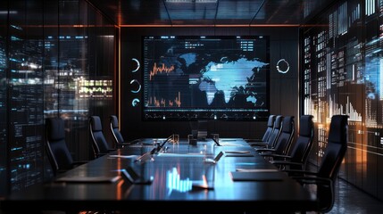 Futuristic Corporate Conference Room with Global Data Visualization