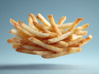 French fries floating mid air studio shot against blue backdrop food photography close up shot delicious snack