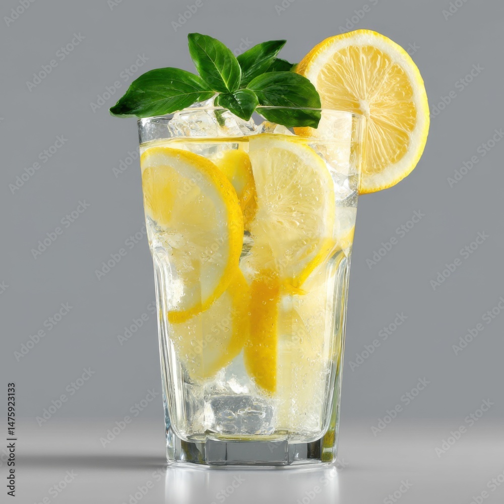Aufkleber refreshing lemon water in clear glass with ice and basil garnish studio shot close up against gray b