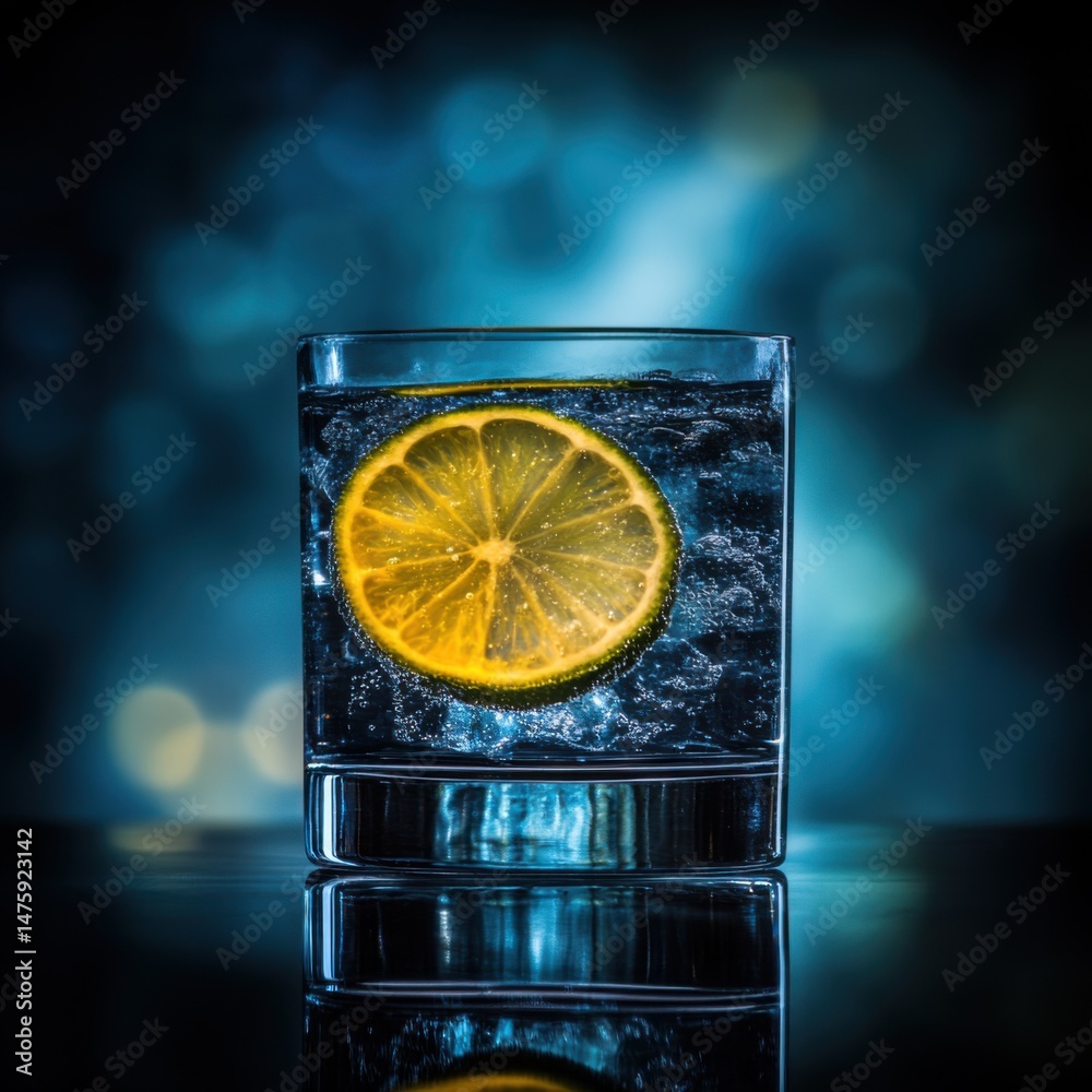 Aufkleber refreshing drink with lemon slice in glass of sparkling water studio shot on dark background with bo