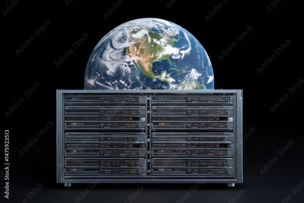 Fototapete Server rack hosting planet Earth concept shot of global data network and cloud computing from low angle in studio