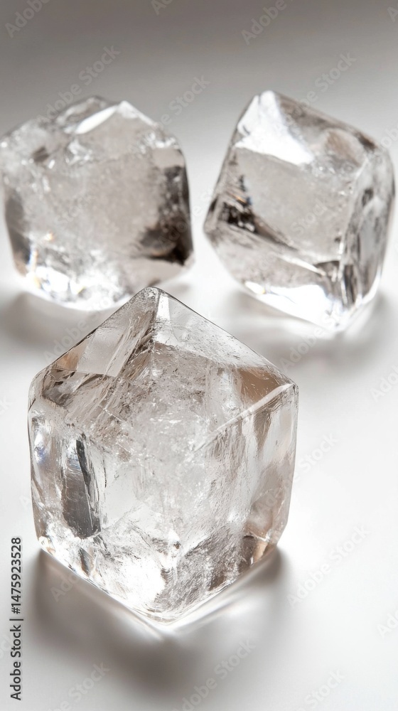 Poster Three clear ice cubes on white surface studio shot highlighting texture and light refraction for beverage concept