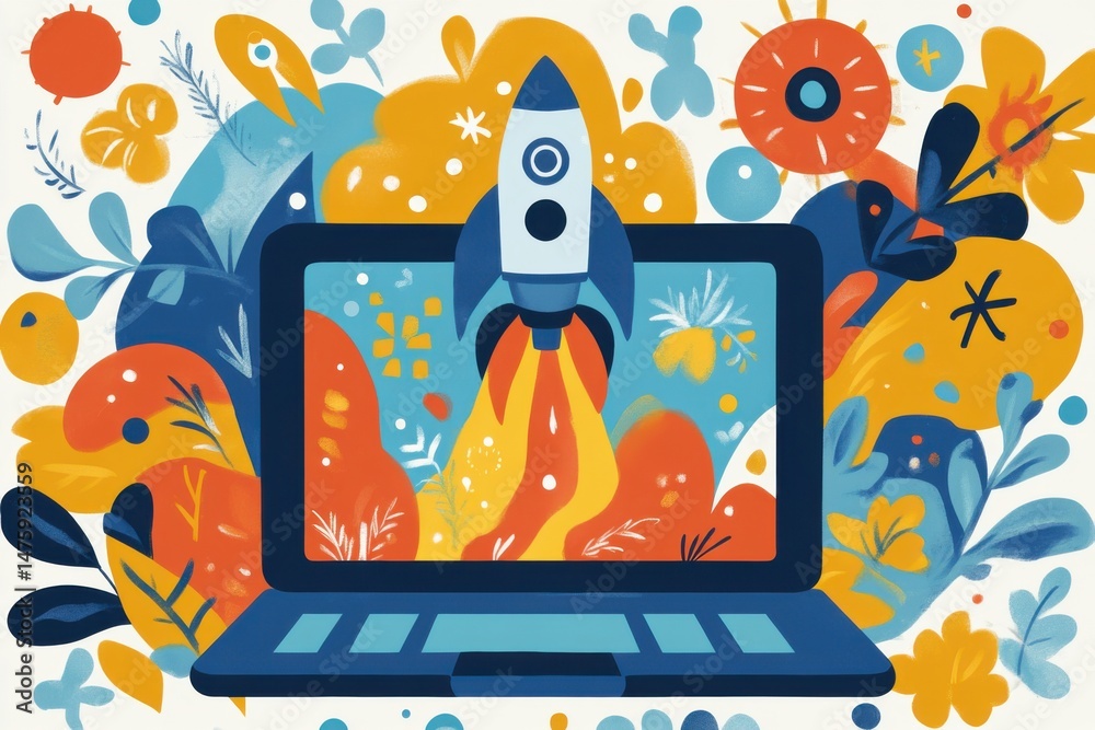 Aufkleber laptop with rocket launching illustration in flat style for startup or technology concept bright col