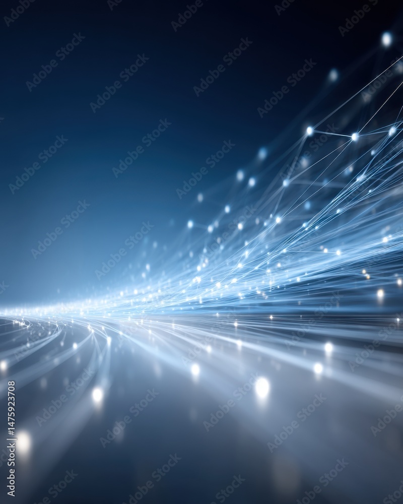 Fototapete Abstract data stream flows across a network in a futuristic design with bright nodes and connections digital background