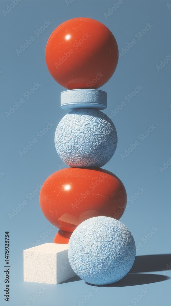Poster abstract composition of stacked spheres and cube on blue background studio shot minimalist geometric