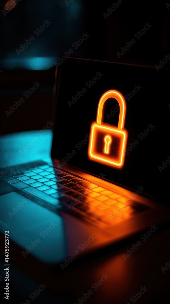 Poster Laptop displaying digital padlock symbol representing cybersecurity and data protection in a dark studio setting with blue and orange lighting