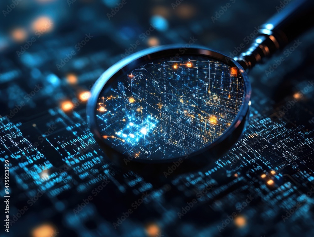 Poster magnifying glass over digital circuit board, close up view, abstract technology concept, cyber secur