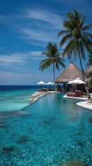 Fototapeta premium Tropical Infinity Pool View of Ocean and Palm Trees at Luxury Resort in Maldives on Sunny Day