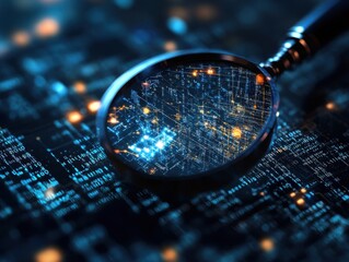 Magnifying glass over digital circuit board, close up view, abstract technology concept, cyber security analysis, data exploration, futuristic design