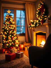 Obraz premium Cozy room with a defocused Christmas tree, gifts, and lit fireplace at night, perfect for postcards, featuring soft focus and shallow DOF