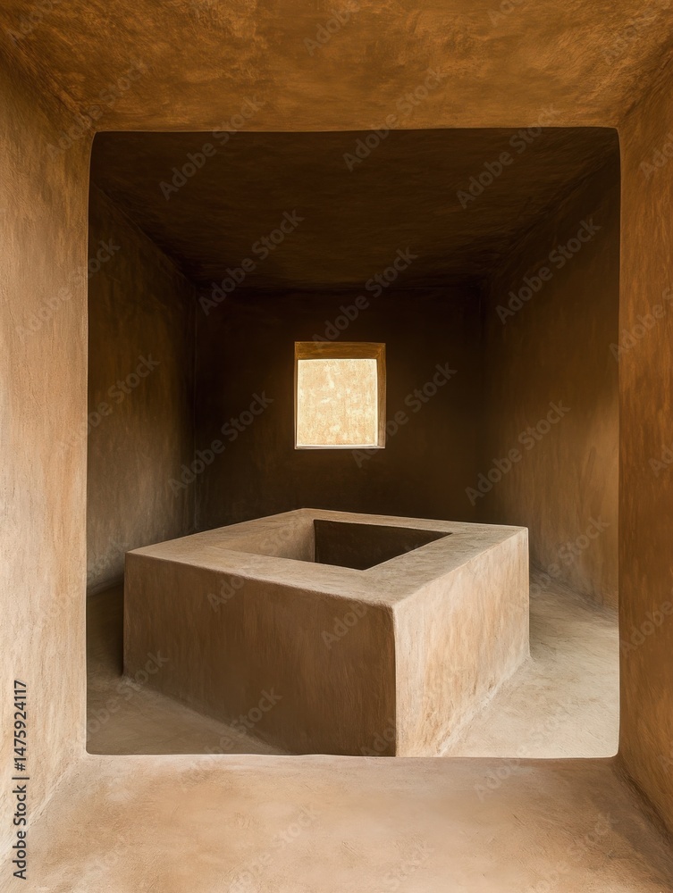 Poster Interior view of minimalist earthen architecture featuring a central geometric structure and window light in adobe style
