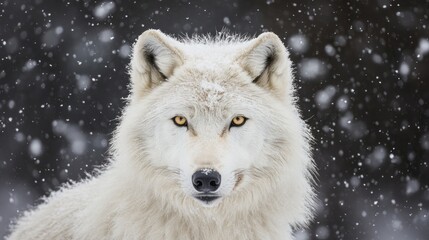 Obraz premium Arctic wolf portrait in snowfall. Intense gaze, snowy background