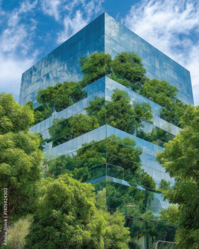 Aufkleber modern office building with glass facade reflecting trees and sky in urban environment low angle vie