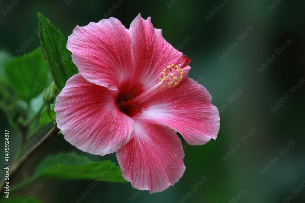 Poster close-up of a pink hibiscus flower in bloom with green leaves and a soft focus background in a garde