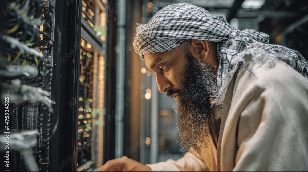 Aufkleber it professional inspecting data center server racks close up profile view inside modern facility