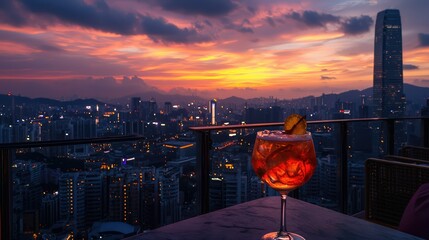 A panoramic view from the rooftop bar, cocktail in hand.