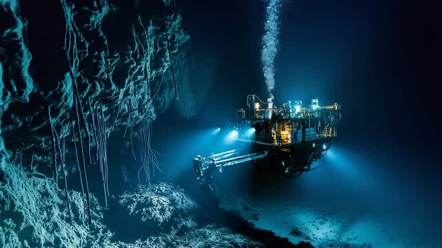 A deep-sea mining exploration vehicle slowly hovering over the ocean floor, scanning and extracting minerals from the seabed
